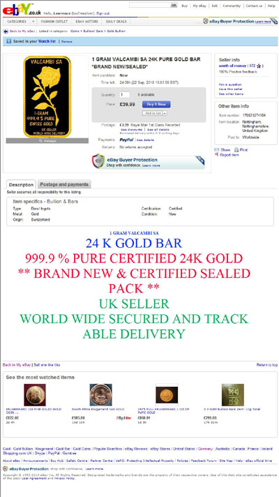 worth-of-money eBay Listing Using our Three Gram Valcambi Gold Bar Photograph